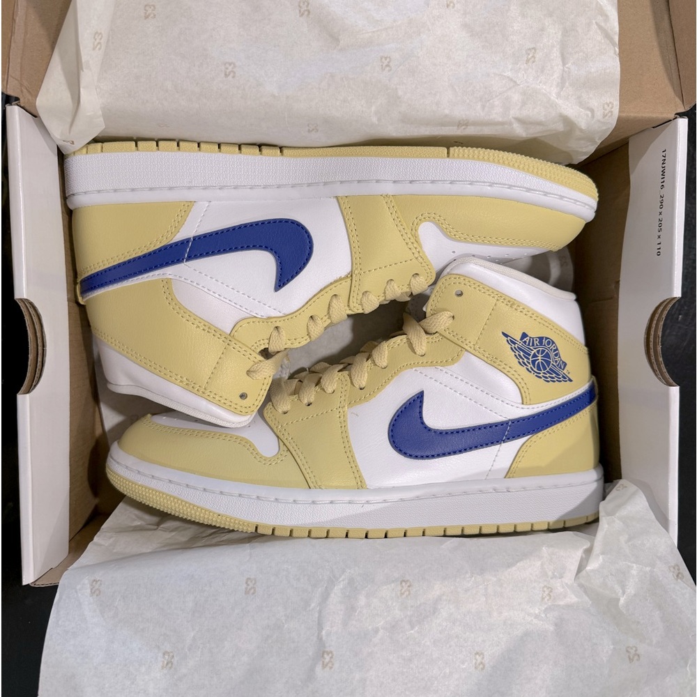 Yellow and blue Air Jordan 1Mid Lemon